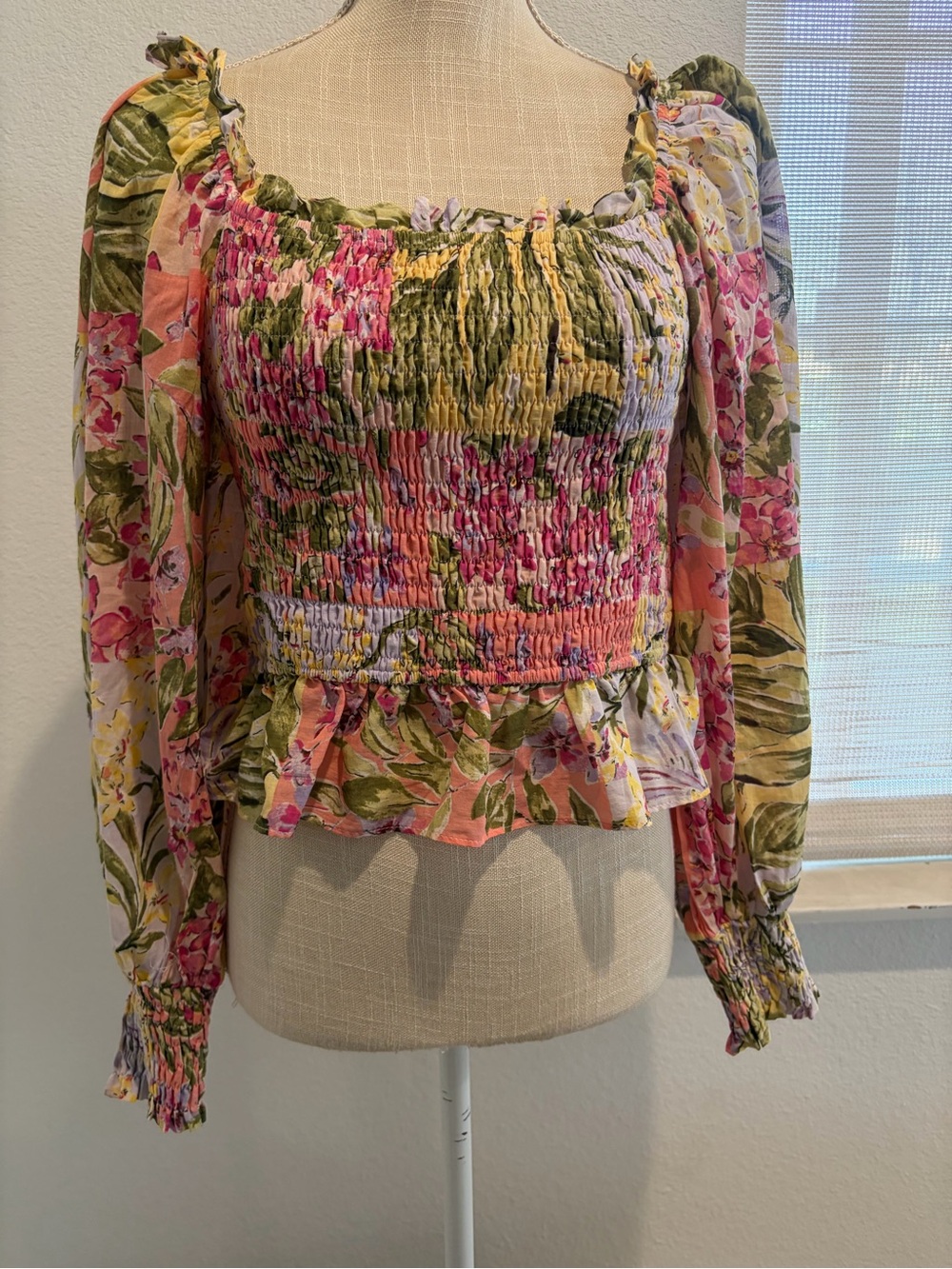 Fate Smocked Floral Peplum Blouse in Pink, Green & Yellow